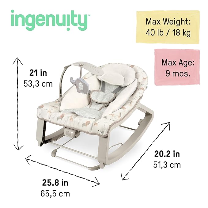 Ingenuity Keep Cozy 3-in-1 Grow with Me Vibrating Baby Bouncer, Green | Seat & Infant to Toddler Rocker, Vibrations & Toy Bar, 0-30 Months, Up to 40 lbs