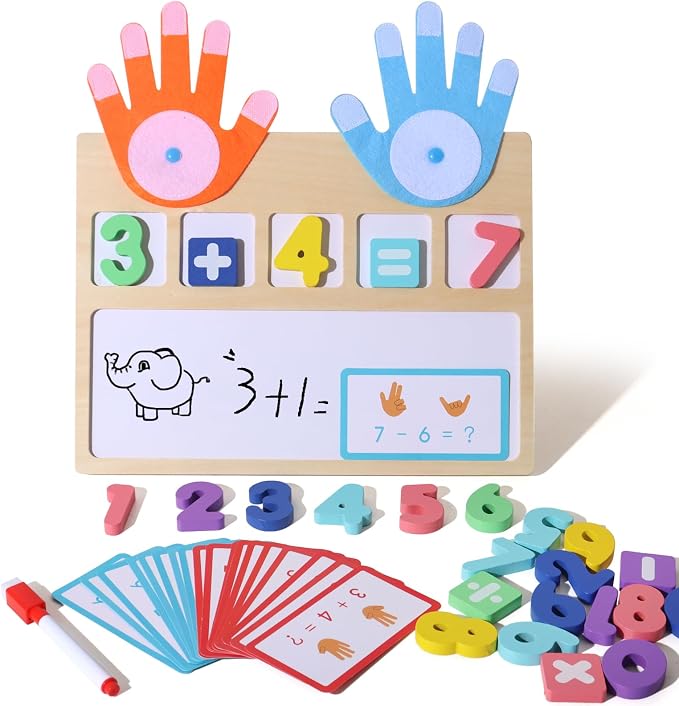 BESTAMTOY Montessori Math Board Toy - Double-Sided Finger Counting & Number Tracing Board Number Blocks, Wooden Math Manipulatives for Kids Ages 3-6, Preschool Classroom Homeschool Educational Games