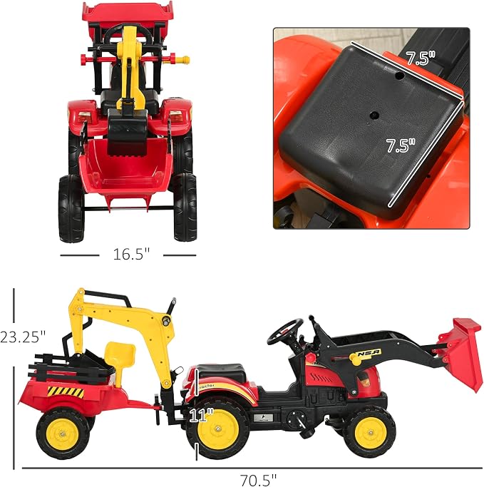 Aosom 3 in1 Kids Ride On Excavator/Bulldozer, Pedal Car Digger Toy Move Forward/Back with 6 Wheels and Detachable Cargo Trailer