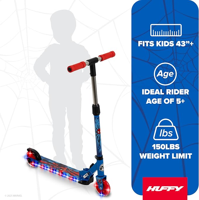 Huffy Light Up Inline Scooter for Kids, 2 Wheel Kick Scooter with LED Lights and Rear Brake, Foldable, Adjustable Handlebar on Select Models, Durable Frame, Licensed Character Graphics