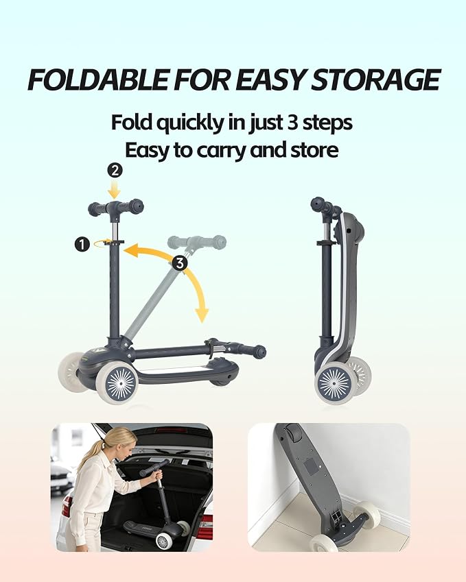 Toddler Scooter Ages 2-5, 3 Wheel Kids Scooter with Lean-to-Steer, Adjustable Handlebar, Anti-Slip Deck, Light-Up Wheels, Foldable First Scooter for Boys and Girls