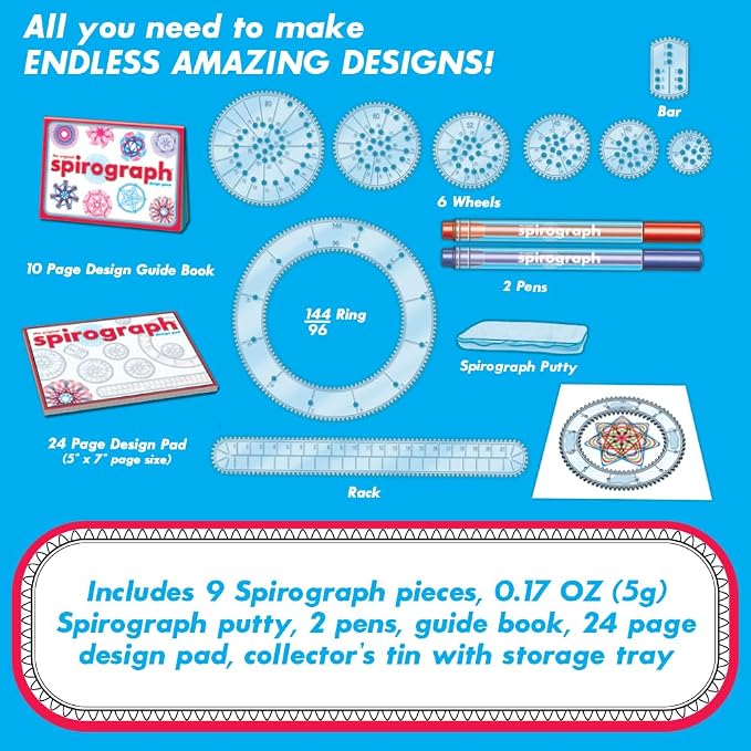 Spirograph Design Set Collectors Tin – Arts and Crafts, Kids Toys, Art Supplies, Craft Supplies, Drawing Kit, Spiral Art, Classic Gear Design Kit, Pens, Design Sheet Included, Ages 8 and Up
