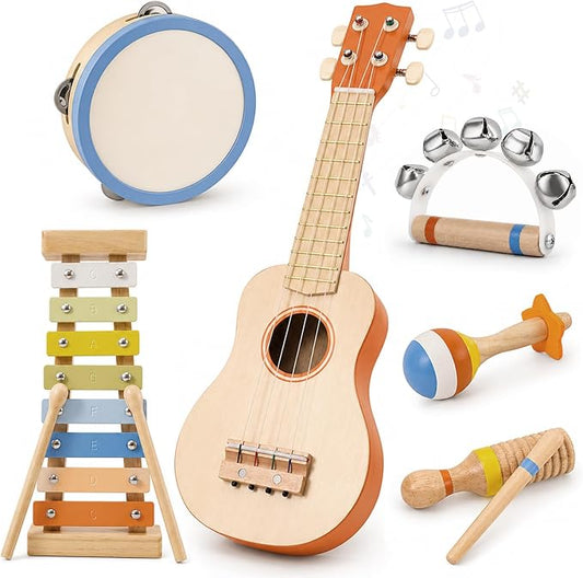 Kids Guitar Set, 6-in-1 Musical Instruments Set for Toddlers 2-3, Montessori Wooden Music Toys with Ukulele/Xylophone/Tambourine/Maracas, Birthday for Ages 2+ Girls Boys