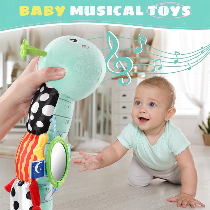 AWOTOY Baby Toys Sensory Music Caterpillar Stuffed Animals Infant Toys,Blue | Teething Toys 0-3-6-12 Months Tummy Time with Mirror Crinkle Rattle&Pull String for Newborn Boys Girls Shower Gifts Birthday