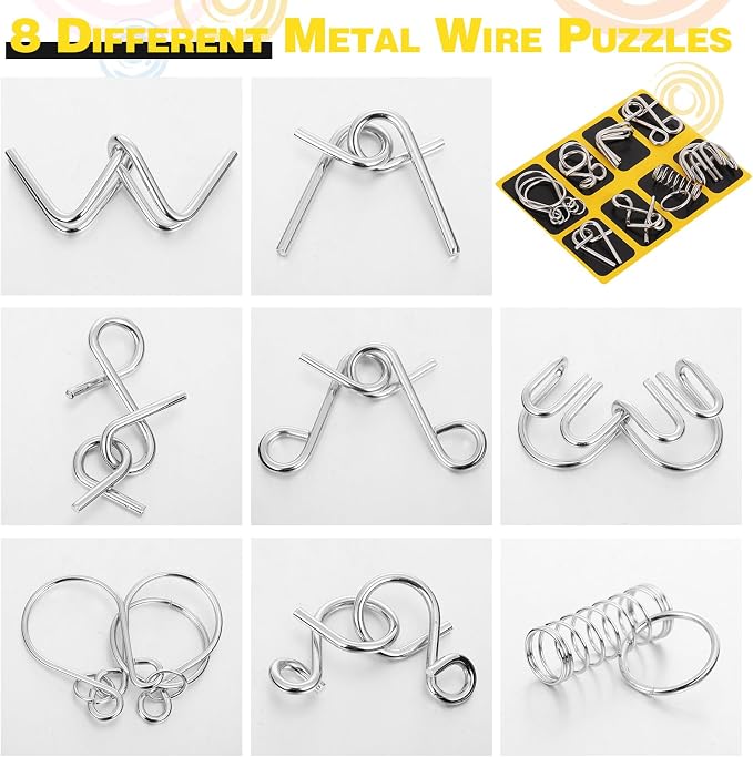 Metal Wire Puzzle Set of 8 with Pouch, Brain Teaser Puzzles IQ Test Ring Disentanglement Unlock Interlock Game Trick Metal for Party Favor Challenge(A Style)