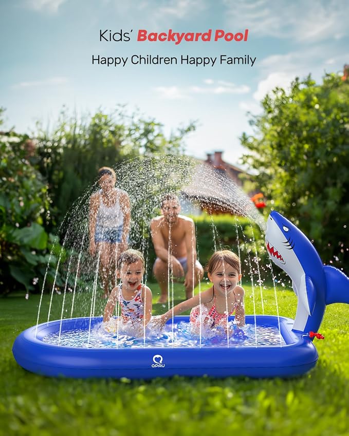 QPAU Splash Pads for Toddlers 1-3, Dark Blue Shark Splash Pad for Kids, Outdoor Play Mat for Babies, Inflatable Sprinkler Pool for Birthday Girl Gifts 1 Year Old Girl