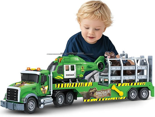 Bstoyder Toddler Boy Toys for 3 4 5 6 7 Years Kids, 21" Semi Flatbed Truck Toy with a Dinosaure Truck, Friction Powered Vehicles Toys with Lights and Sounds, Birthday for Boy Girls