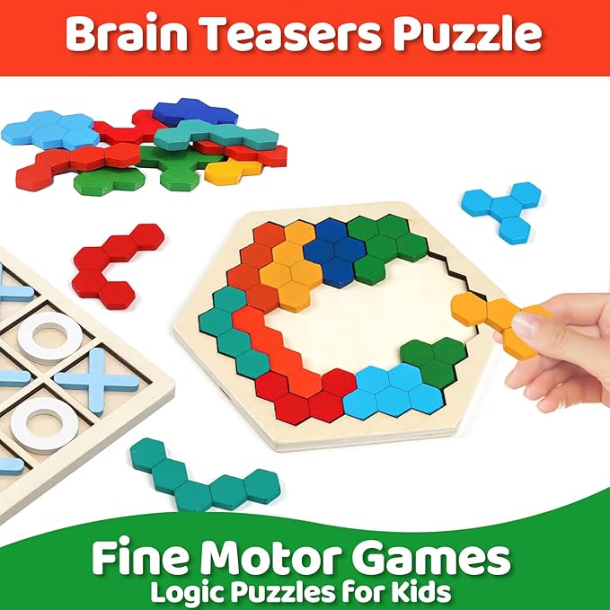 Wooden Puzzles,Geometric Shape Logic Hexagon Puzzle Toys Brain Teasers STEM Montessori Educatioanl IQ Board Games Easter Basket Stuffers Gift for Kids Boys Girls Ages 3+ (4 Pack)