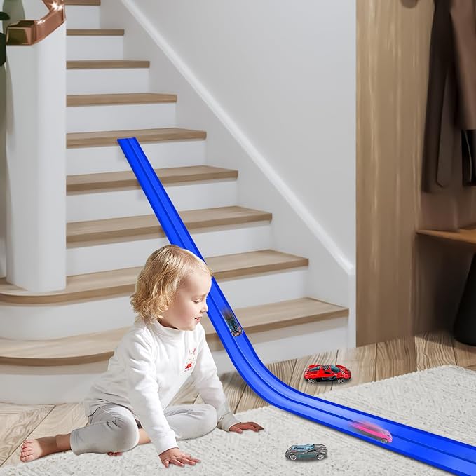 Flexible Race Track for Kids, 15FT Car Track with 4 Suction Cups and 6 Different 1/64th Cars - STEM Racing Toy for Boys & Girls Ages 3+ (Blue)