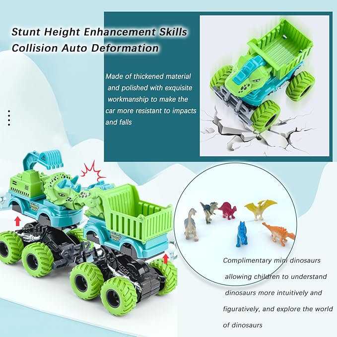Dinosaur Monster Truck Toys for 3 4 5 Year Old Boys, 2 Pack with 6 Mini Dinosaur Figures, Monster Trucks for Boys Ages 3-4-5-7, Toys for Kids 3-5 Years Birthday /Christmas