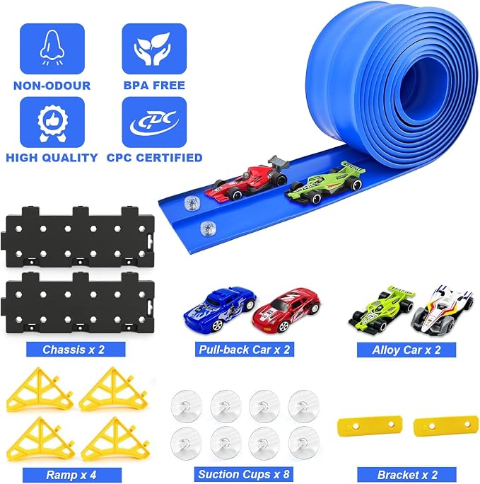 Flexible Race Track for Kids 3-5 Year Old, 15ft Flex Car Tracks for Toddlers with 2 Pull-Back Cars & 2 Alloy Cars, Portable Roll Up Racing Car Tracks, Birthday for Boys Girls