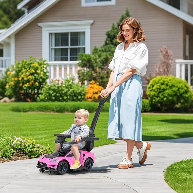 OLAKIDS Push Car for Toddlers, Licensed Maserati 3 in 1 Baby Ride on Sliding with Parent Control Handle, Universal Wheels Safe Guardrails Under Seat Storage, Kids Walking Toy with Music Horn (Pink)