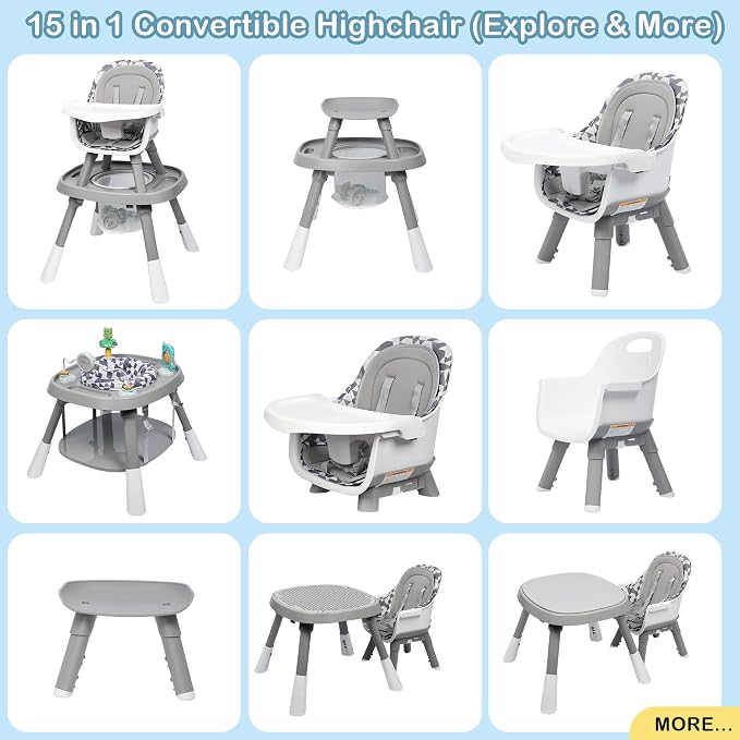 Xilingol 15-in-1 Convertible High Chair, 2-in-1 Baby Highchair & Activity Center W/Toys, Booster Seat | Building Block Table | Toddler Chair W/Removable Tray & 5-Point Harness & 2-Layer Cushion(Grey)