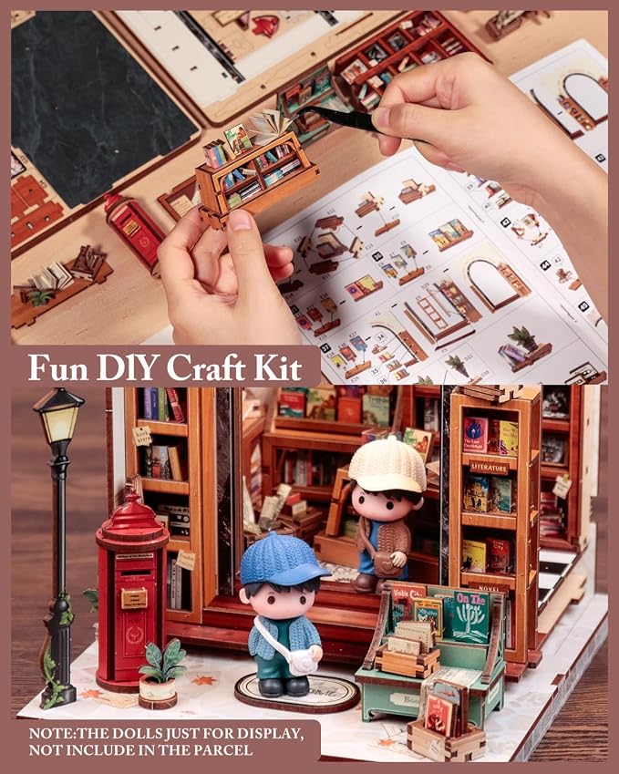 Cutefun Book Nook Kit - DIY Miniature Dollhouse Library Kit for Adults and Teens, Tiny House Building Bookshelf Insert Decor with LED Light, Gifts for Family and Friends (Jack's Bookery)