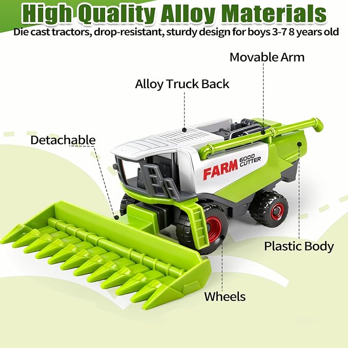 5 Pack Diecast Farm Tractor Toy, Toddlers Farm Toys Tractor Vehicles with Combine Harvester, Forage Harvest, Mini Farming Truck Toys for Kids Boys Ages 3 4 5 6 7 8 Birthday Gift & Party Favors