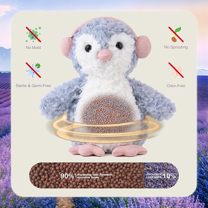 KOWSI® Microwavable Heating Pad Music-Loving Penguin Plush - Weighted Stuffed Animal Tourmaline & Lavender - 1 lb for Long Lasting Cozy Warmth & Relaxation - Includes Gift Box & Greeting Card