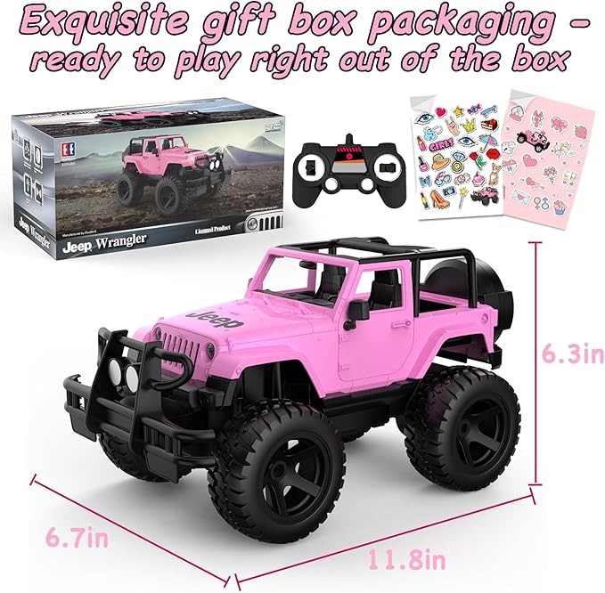 DOUBLE E Jeep Licensed 1:14 Scale Pink Remote Control Car for Girls with 2*DIY Stickers, Open-top Design RC Jeep, 80Min Play 2.4Ghz Off Road RC Trucks with LED Lights, Birthday/Xmas Gifts for Girls 6+