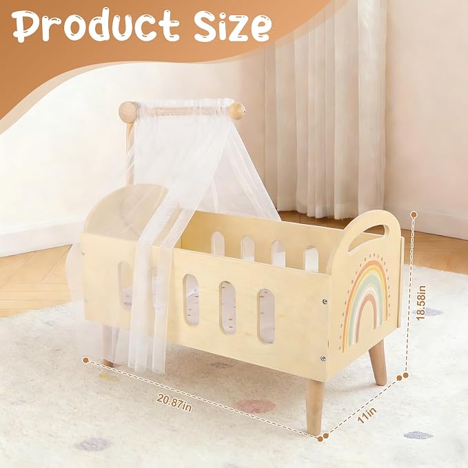 Freniland Wooden Doll Crib Bed for 18 Inch Dolls, Baby Doll Furniture Set with Sheer Canopy and Soft Fabric Mattress, Pretend Play Nursery Accessories for Toddlers
