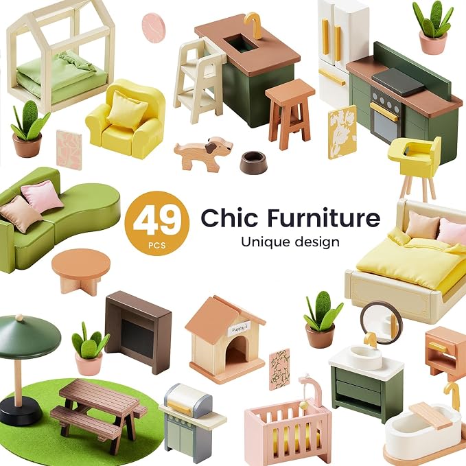 Tiny Land Wooden Doll House, Modern Family Dollhouse with Realistic Design, 7 Rooms Dollhouse with 49 PCS Accessories, Montessori Pretend Play Toddler Toy, Ideal Gift for Kids Ages 3+, Green