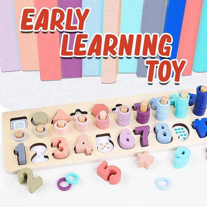 CozyBomB™ Educational Montessori Toys for 1 Year Old Toddlers - Wooden Puzzles Blocks Number Stacking Preschool Learning Activities Shape sorter Math Game Counters Baby Kids Ages 3 4 5 Years Old