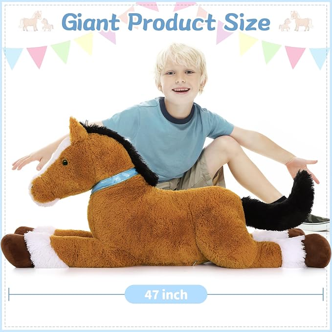 Tezituor 47 Inch Darkbrown Horse Stuffed Animal, 4ft Giant Realistic Stuffed Pony Plush Toy, Ride-On Horse Plush Body Pillow for Girls, Boys & Horse Lovers Christmas Party Gift