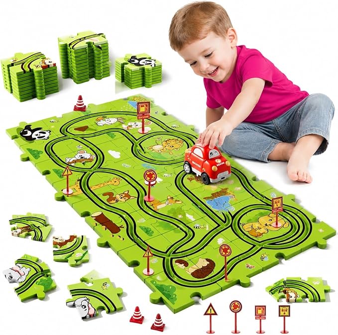 Bennol 39PCS Puzzles Race Tracks Car Toys for 1 2 3 4 5 Year Old Boys Toddlers, Cars Gifts Puzzle Set with Race Track, Toddler Car Toy Set for Kids Boys Girls