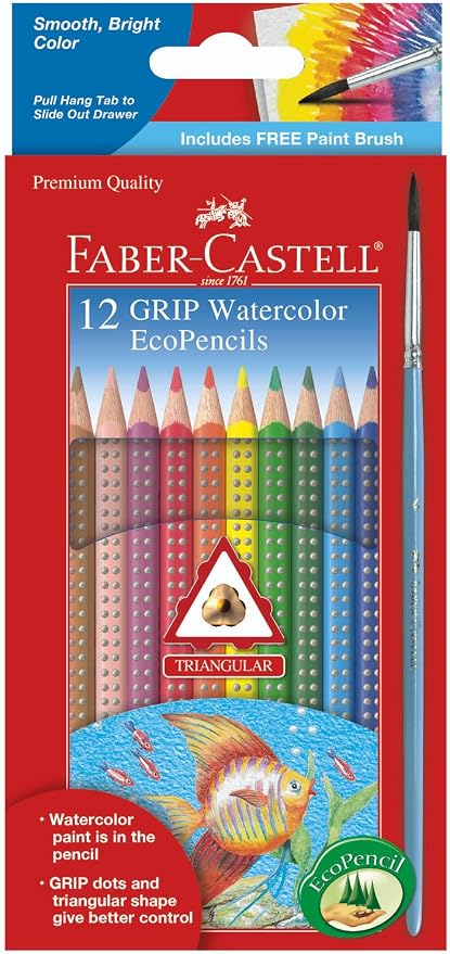 Faber-Castell Grip Watercolor EcoPencils: 12 Watercolor Pencils with Brush, Color Pencil Set, Art Supplies for Kids (Pack of 12)