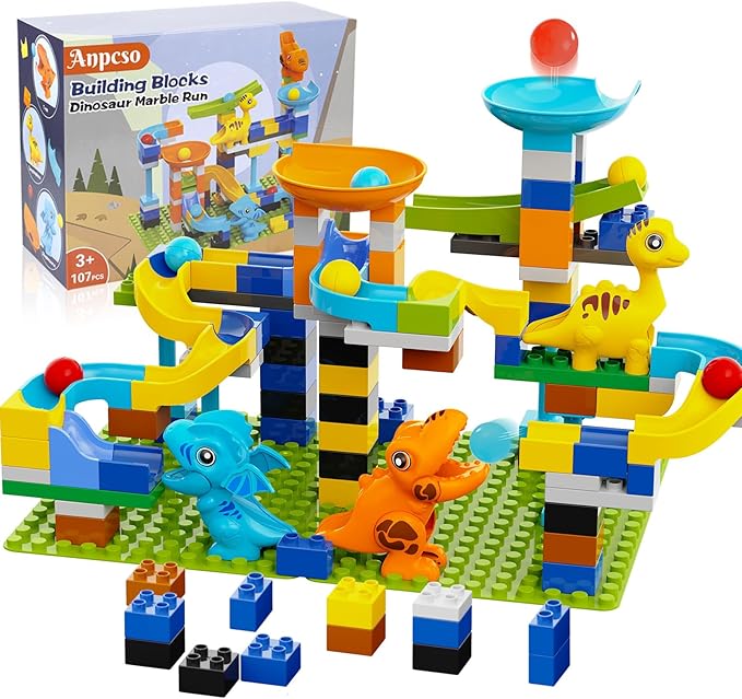 Anpcso Marble Run Building Blocks, Dinosaurs Marble Track Toy Classic Large Bricks for 3 4 5 6 7 + Year Old Boys Girls Kids, Bricks Compatible with All Major Brands