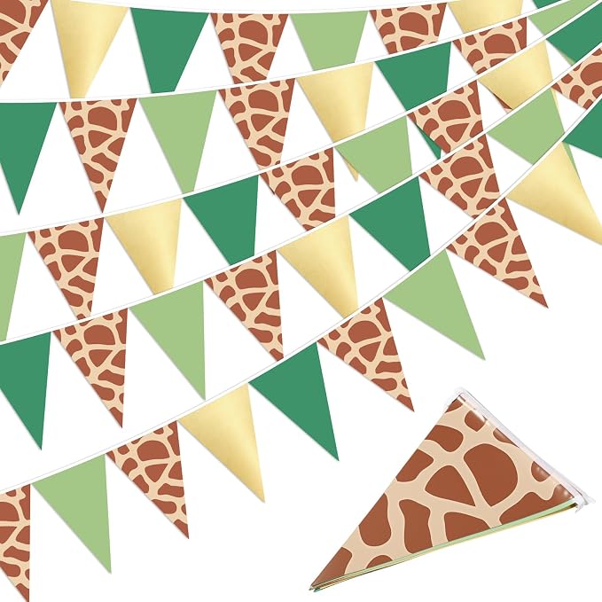 Tiamon 5 Pcs Safari Birthday Banner Decorations Giraffe Animals Green Jungle Wild One Pennant Bunting Printed Triangle Flag for Jungle Wild Baby Shower Zoo Giraffe Birthday Party Decor Supplies