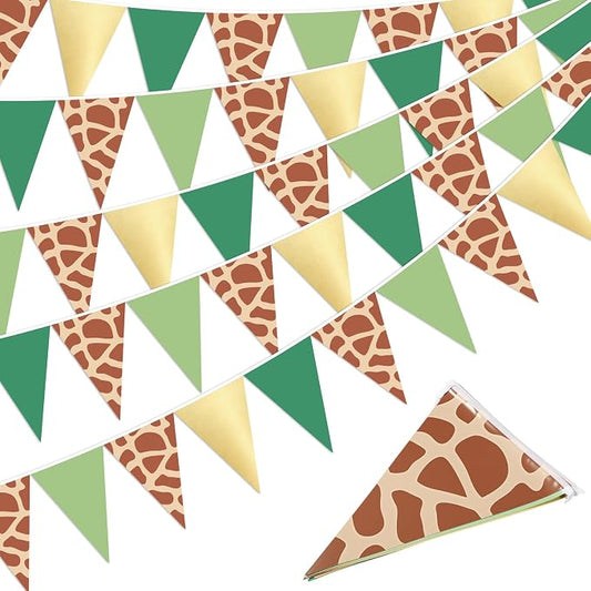 Tiamon 5 Pcs Safari Birthday Banner Decorations Giraffe Animals Green Jungle Wild One Pennant Bunting Printed Triangle Flag for Jungle Wild Baby Shower Zoo Giraffe Birthday Party Decor Supplies