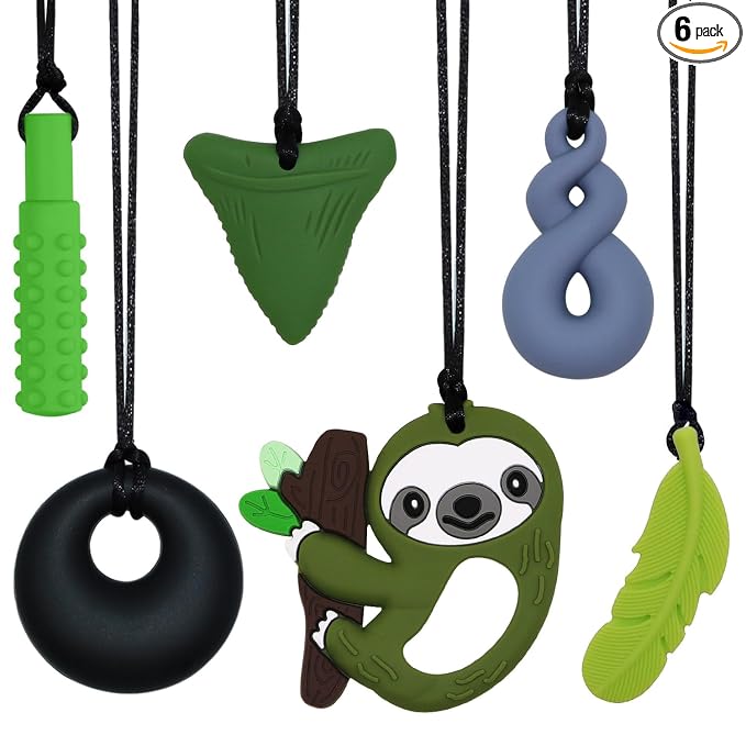 Sensory Chew Necklace for Kids Boys Girls, 4 Pack Silicone Chew Toys for Kids with ADHD Autism, Anxiety, Chewy Necklace Sensory Toys Reduce Adult Chewing Fidgeting (Green Sloth)