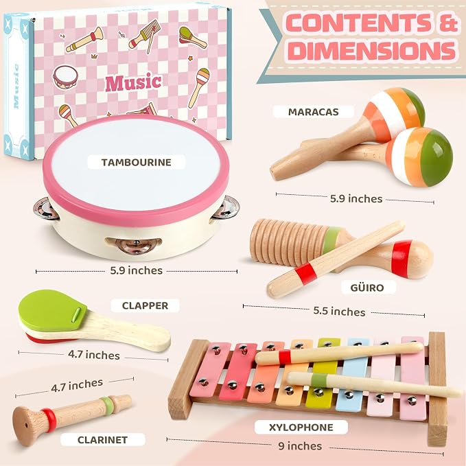 Baby Musical Instruments - Montessori Wooden Musical Toys for Toddlers 1-3, Xylophone Maracas Tambourine Percussion Set, Kids Preschool Music Learning Toys, Educational Birthday Gifts (Rainbow)