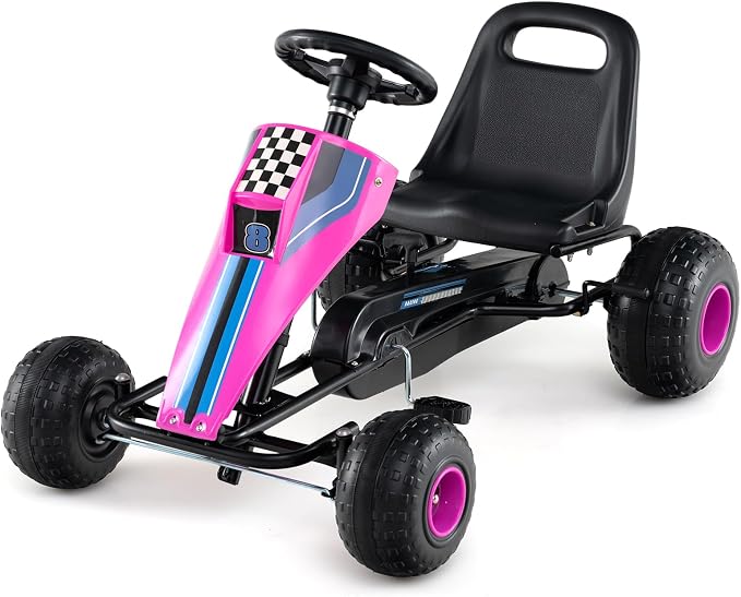 Costzon Pedal Go Kart, 4 Wheel Ride on Toy Pedal Car with Adjustable Seat, Handbrake, Free-Wheel & Pedal Modes, Outdoor Bicycle Go Cart with Wear-Resistant Wheels, Gift for Boys and Girls (Pink)