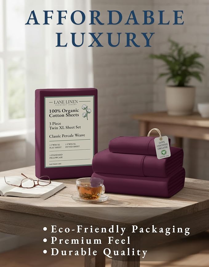 LANE LINEN Twin Sheets 100% Organic Cotton Soft 3pc Percale - Windsor Wine