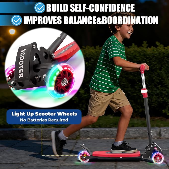 3 Wheel Scooter for Kids Ages 3-12, LED Light-Up Kids Kick Scooter–Portable Foldable, Adjustable Height, Durable Metal Construction, 6" Extra Wide Deck for Outdoor Activities,Child Safety Certified