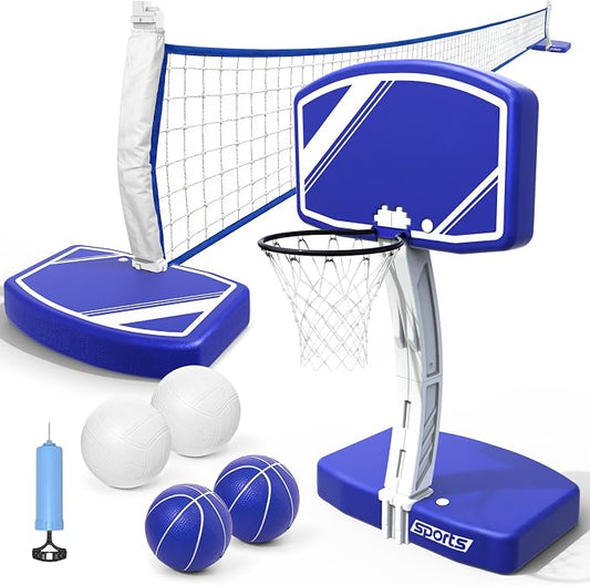 Pool Volleyball Net&Pool Basketball Hoop 2 in 1,Pool Toys Basketball Game with Weighted Base&Stand,2 Water Volleyball&2 Basketball and Pump,Summer Outdoor Family Party Pool Games for Kids Adults