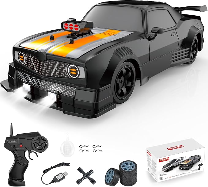Fistone RC Drift Car 2.4GHz 1:16 Scale 4WD 18KM/H High Speed Remote Control Car with LED Lights, 2 Batteries and Rubber Tire, Racing Sport Toy Vehicle for Adults, Boys, Girls, and Kids