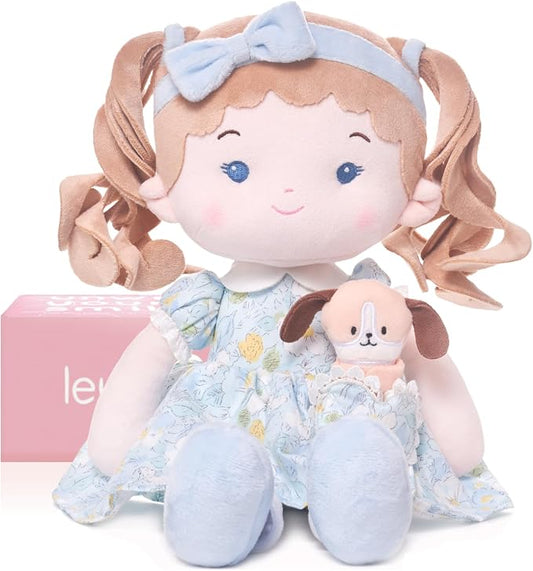 LeyaDoll Soft Baby Doll Toys (16''), My First Baby Rag Doll for 1 Year-Old Girl Birthday Gift, Christmas Plush Toys Gift for Toddler Kids Infants-Daydream Lily and Her Pet-Dog