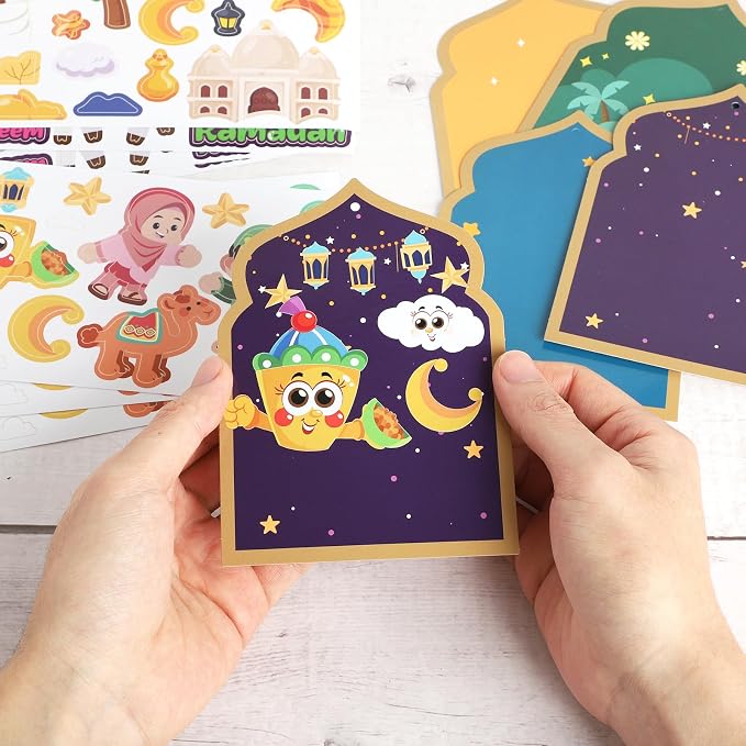 PAIVSUN 24Pcs Ramadan Crafts for Kids, Make You Own Eid Mubarak and Ramadan Kareem Craft Kit, DIY Mosque Scene Religious Sticker Activities Hanging Ornaments for Classroom Party Favor Supplies