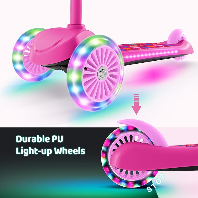 TONBUX Kids Scooter for Ages 3-5, Toddler Scooter with Light-Up Deck and Wheels, Adjustable 4-Level Height 3-Wheel Scooters for Kids, Lean-to-Steer Design