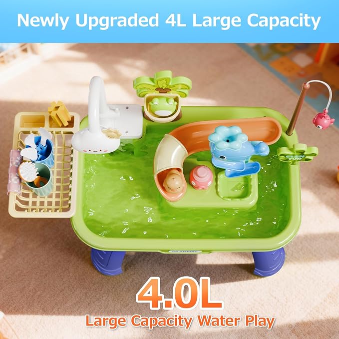 Sand and Water Table Toy for Toddlers, 22 Piece Toy Accessories, 4L Large Capacity Basin, Fishing Game/Kitchen Sink Toys, Perfect Summer Gift for Kids Ages 3-8 (Green)
