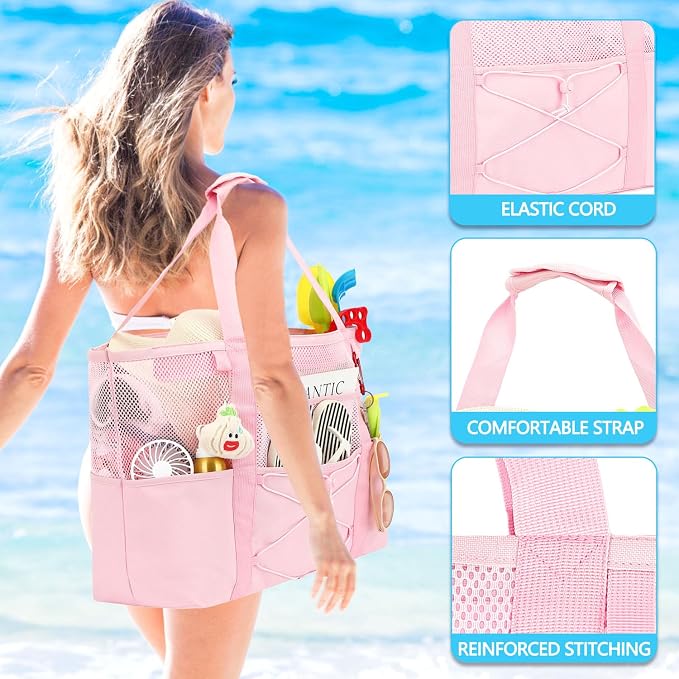 Fammart Mesh Beach Bag for Women, Large Beach Toy Pool Bag with Zipper Pocket, SandProof Cruise Essentials 2026 Family Travel