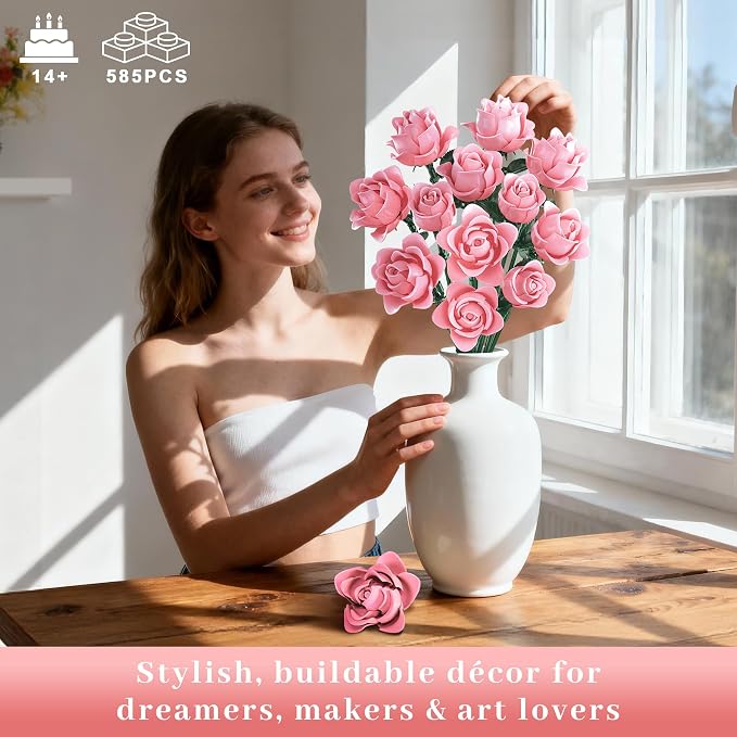 Pink Roses Flower Bouquet Building Set, Artificial Flowers Botanical Collection Compatible with Lego Flowers for Adults Christmas Anniversary Valentines Day Gifts