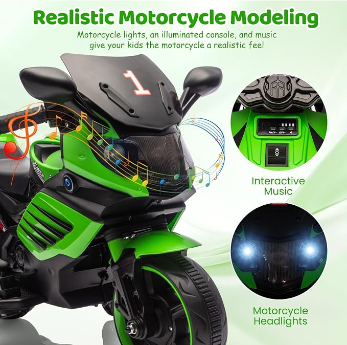GarveeLife 6V Kids Motorcycle, Electric Ride On Car Toy with Training Wheels, Working Headlight, Horn & Music, Battery Powered Ride On Motorcycle Toy for Toddler Kids Boys Girls Ages 3-5, Green