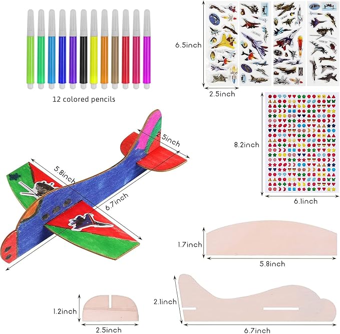 BAPHILE 12 Pack DIY Wood Planes，Mini Airplane Paint and Decorate Wooden Airplane Craft Kits with Decorate Tools for Kids School Craft Decor Projects