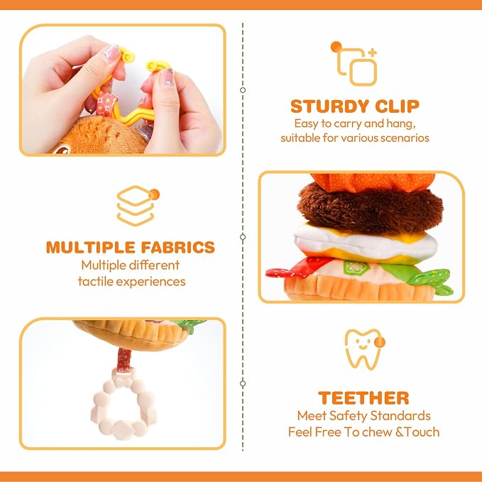 Jollybaby Baby Musical Pull String Hanging Toys for Stroller Car Seat Crib Play Gym, Plush Stuffed Hamburg Bear Toy for Carseat with Music Teether Crinkle, Sensory Toy for 0-6-12-18 Months Baby Gifts