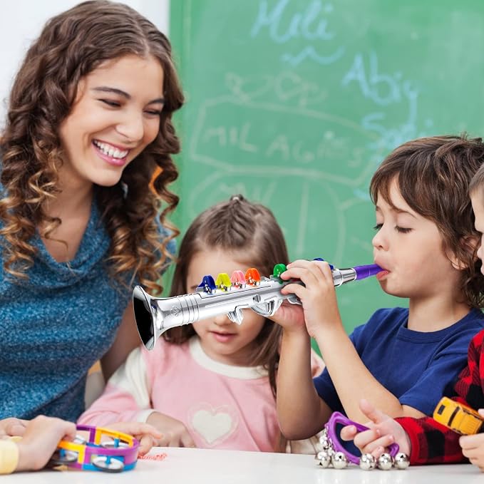 3 Pcs Kids Instruments Musical Toy Saxophone Trumpet Clarinet with 8 Color Coded Keys Educational Teaching Songs Gifts for Boys Girls Children Toddler Beginner Birthday Concert Party(Silver)