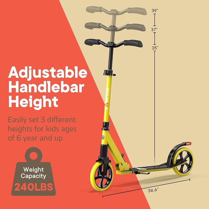 Campior Kick Scooter for Ages 6+, for Kids, Teens, and Adults, Max Load 240 LBS, Foldable, 8-inch Big Wheels for Kids and Adults, with Kickstand, 3 Adjustable Levels, Child Safety Approved, Yellow