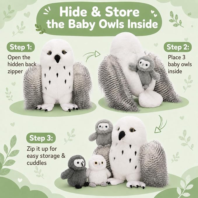 4Pcs Owl Plush Set, Giant Mother Owl Stuffed Animal with 3 Baby Owls Inside, 18" Cute Stuffed Owl for Girls Boys Kids, Soft Owl Plushie Gift for Christmas Birthday Baby Shower, White