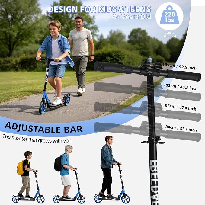 FREEDARE Kick Scooter for Kids & Adults Ages 8+, Foldable Teen Scooter with 2 Big 8-inch Wheels and 4-Level Adjustable Handlebar, Max Load 220 LBS
